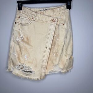 We The Free Cream Distressed Denim Mini Skirt 100% Cotton
